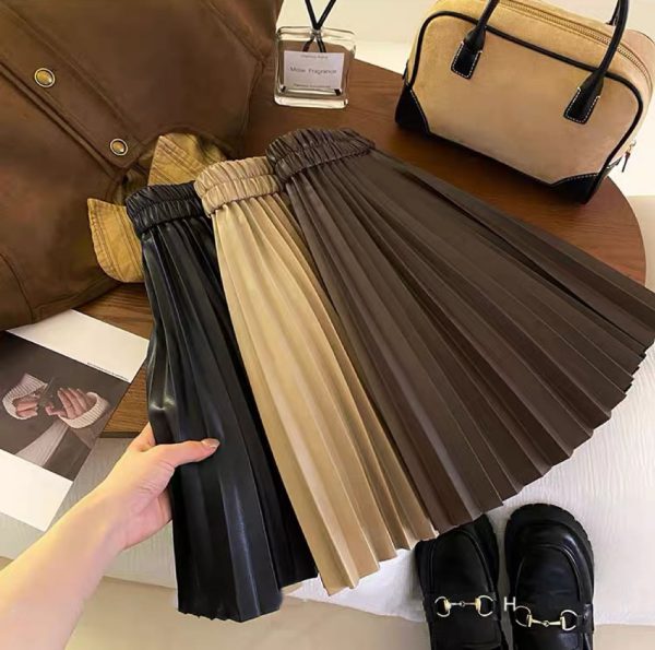 Brown PU Leather Pleated Short Skirt for Women  High Waist A-line Mini Skirts Vintage Chic Korean - Image 2