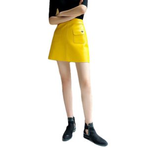 Autumn Yellow Leather Short Skirt Zipper High Waisted Pockets A-line Mini PU Skirts Blue Black