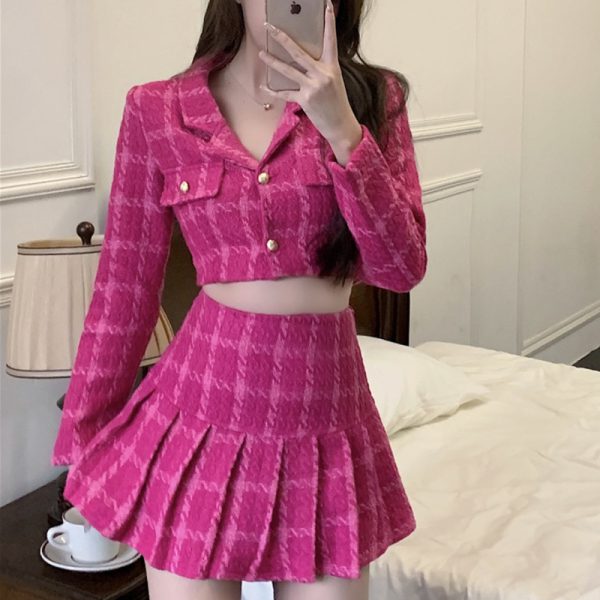 Fall Small Fragrance Vintage Tweed Two Piece Set Women Crop Top Woolen Short Jacket Coat + Mini Skirts Sets Sweet 2 Piece Suits - Image 2