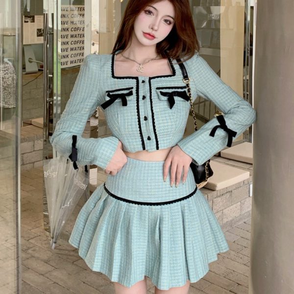 High Quality Fall Fashion Sweet Tweed 2 Piece Set Women Short Jacket Coat Crop Top + Skirts Sets Small Fragrance Two Piece Suits