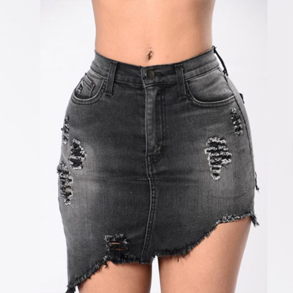 Black/Blue Wash Denim Ripped Tassel Package Hips Mini Skirts High Waist Sharp Edge Irregular Cutting Pencil Skirts Club Wear - Image 3