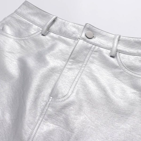 Silver PU Mini Skirts Metallic Sexy High Waist Hip Skirt Chic Retro Short A-Line Metal - Image 2