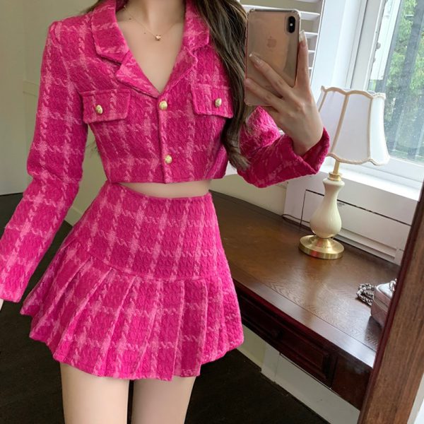 Fall Small Fragrance Vintage Tweed Two Piece Set Women Crop Top Woolen Short Jacket Coat + Mini Skirts Sets Sweet 2 Piece Suits