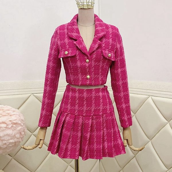 Fall Small Fragrance Vintage Tweed Two Piece Set Women Crop Top Woolen Short Jacket Coat + Mini Skirts Sets Sweet 2 Piece Suits - Image 4