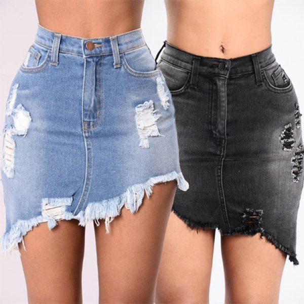 Black/Blue Wash Denim Ripped Tassel Package Hips Mini Skirts High Waist Sharp Edge Irregular Cutting Pencil Skirts Club Wear - Image 2