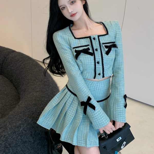 High Quality Fall Fashion Sweet Tweed 2 Piece Set Women Short Jacket Coat Crop Top + Skirts Sets Small Fragrance Two Piece Suits - Image 3