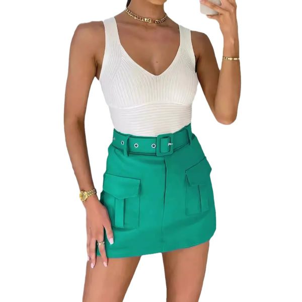 High Waist Fashion Casual Pocket Belt Decoration Women's Skirts