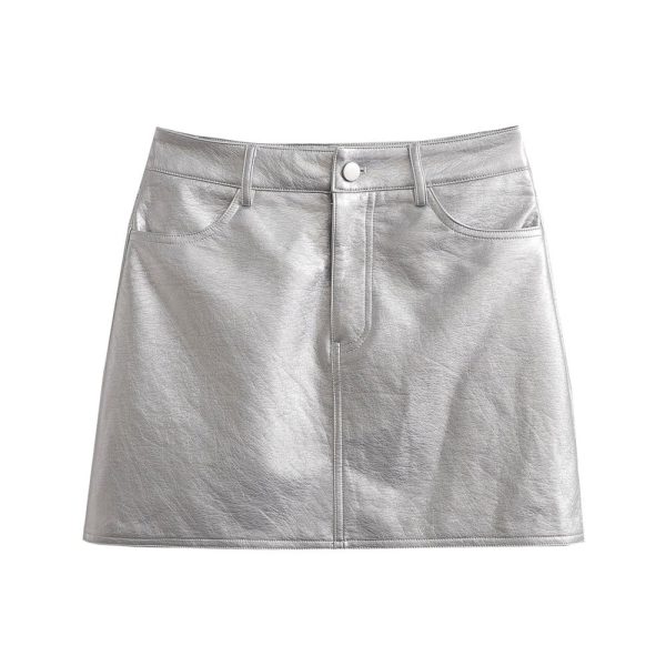 Silver PU Mini Skirts Metallic Sexy High Waist Hip Skirt Chic Retro Short A-Line Metal - Image 5