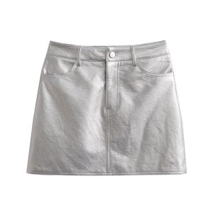 Silver PU Mini Skirts Metallic Sexy High Waist Hip Skirt Chic Retro Short A-Line Metal